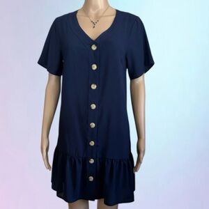 entro Navy Button Down Dress With Bottom Ruffle Sz.S